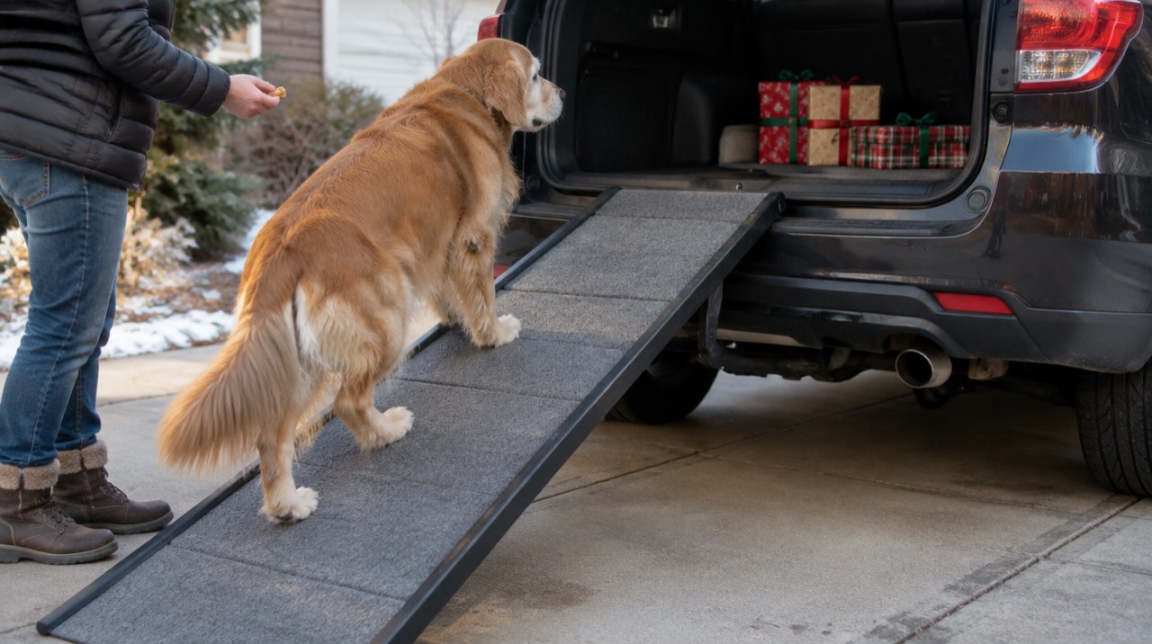 A senior golden retriever walking up a gray carpeted ramp into the open cargo area of an SUV, with wrapped gifts inside